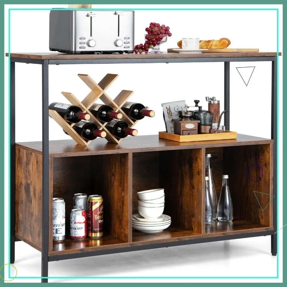 

Modern Kitchen Buffet Sideboard with Spacious Countertop, Open Shelf & Cube Storage, Sturdy Steel Frame in Brown & Black