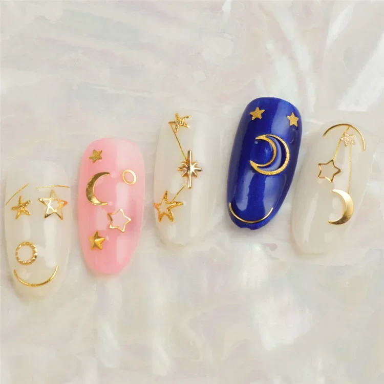 Nail Art Rebites Stud, Multi Decalques Mental, DIY Dicas, Manicure Encantos, Gel UV, 3D Decorações do prego, Perfeito Gold Decor, Lua e Estrelas, 1 Caixa