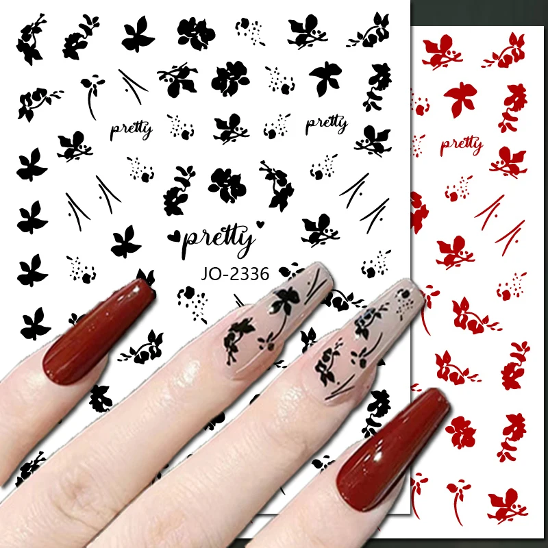 

Nail Art Decals Ink Painting Black Red White Roses Flowers Leafs Back Glue Nail Stickers Decoration For Nail Tips Beauty