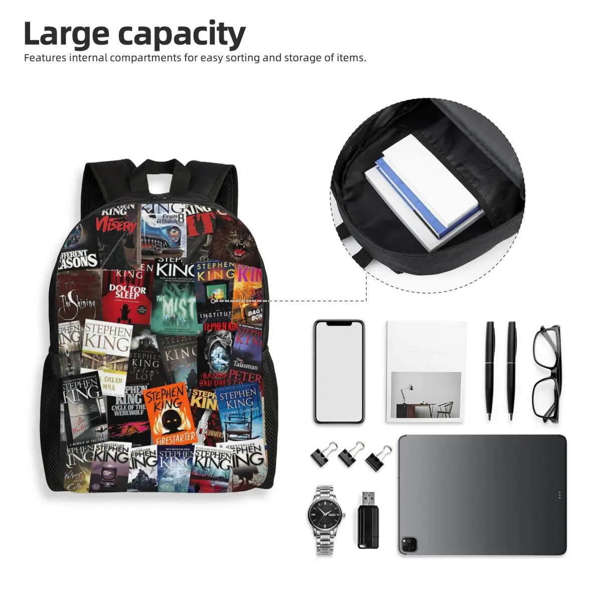 Stephen King Book Covers, Horror Bookworm Backpack Student Boys Girls BookBag School Bag Laptop Shoulder Bags