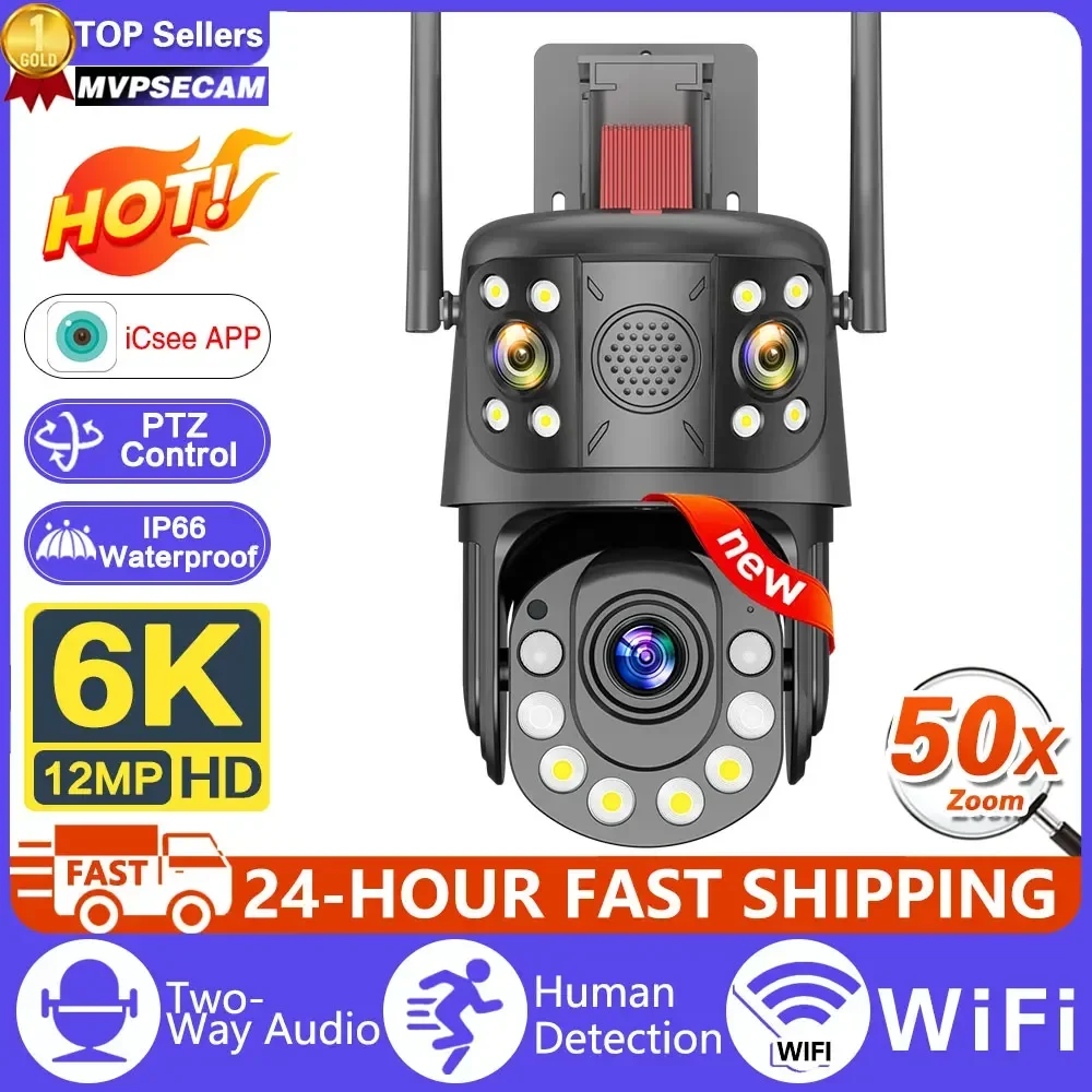 

Smart 50x Optical Zoom Surveillance Camera WIFI 12MP 6K Three Screens Outdoor 360 Wireless Video Security IP Cameras CCTV iCSee