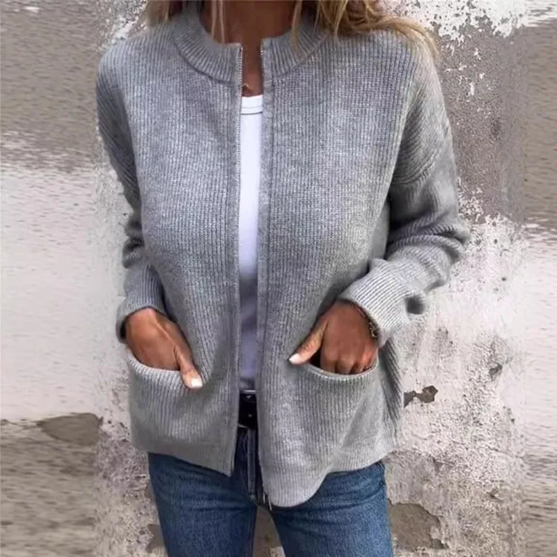 Women's Solid Color Zip-Up Knit Cardigan Autumn Long Sleeve Loose Fit Sweater Jacket with Pockets Office Lady Casual Outerwear