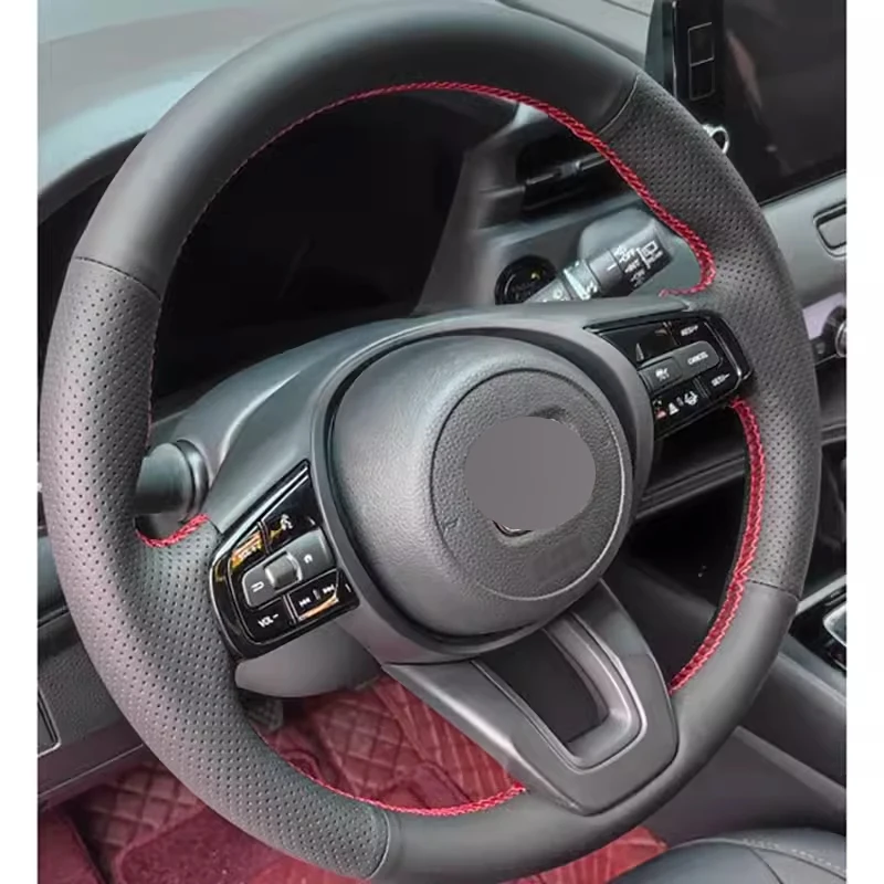 

Full Wrap Steering Wheel Cover Black Soft Leather with Red Thread Car Accessoires Hand Stitching for Honda XRV Vezel 2023-2024