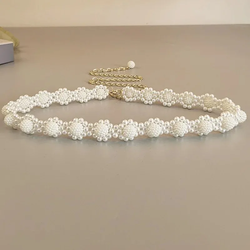 110CM White Pearl Braided Waistband Female Dress Shirt Decoration Waist Chain Gothic Elegant Pearl Pendant Belt for Women