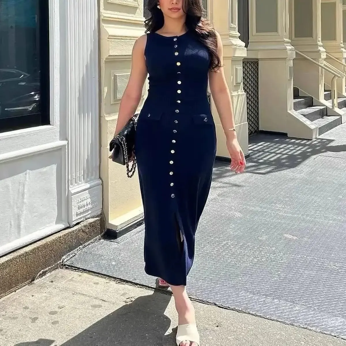 Spring New Sle Evening Gown Vest Long Dr Commute round Ne Svel Straight Slim Knitted Dr Women's Faion