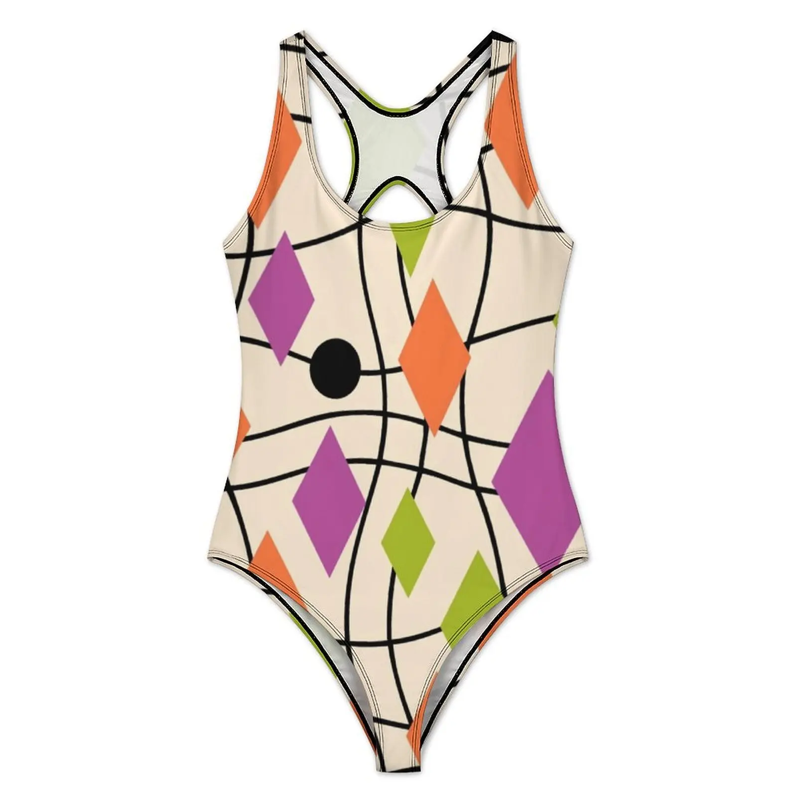 Colorful Mid Century Swimsuit Geometric Abstract Swimwear One Piece Holiday Design Swimsuits Monokini Women Push Up Beach Wear
