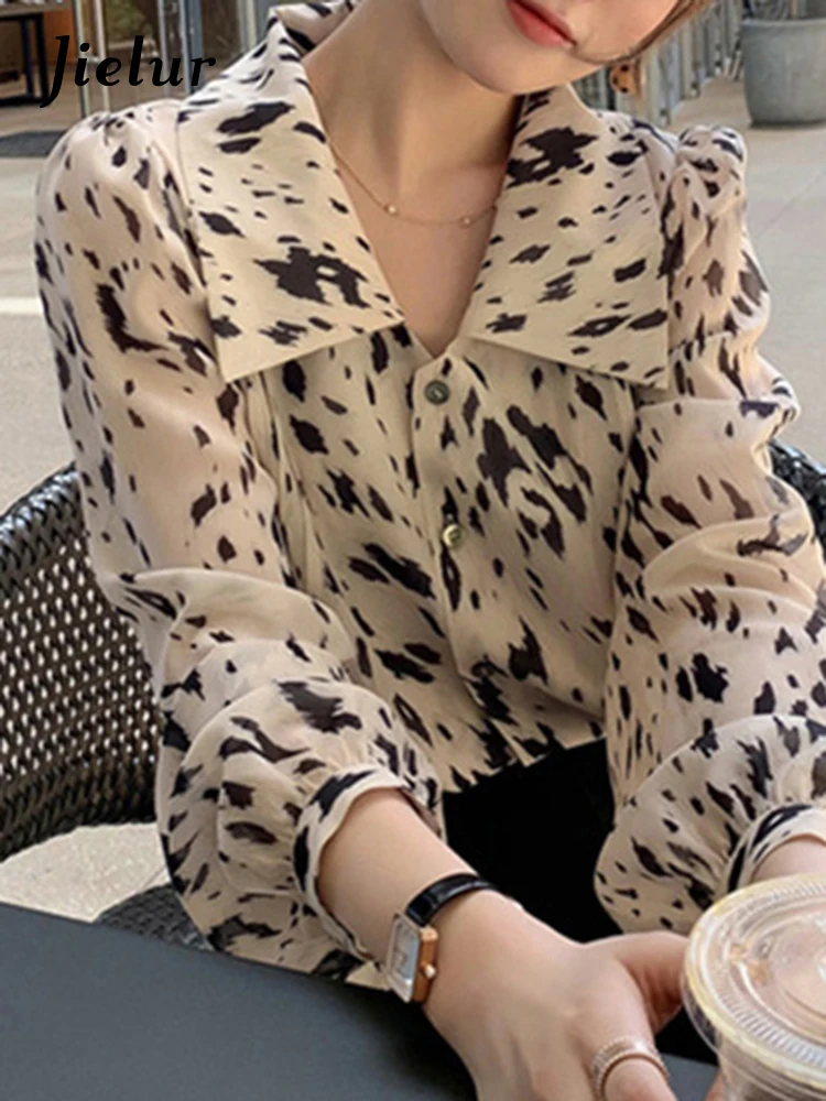 Jielur Straight Chic Leopard Print Women Shirts Single Breasted Spell Color Casual Fashion Female Shirt Korean Style Office Lady