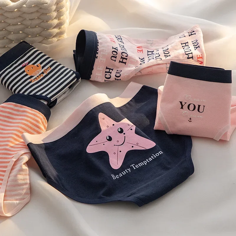 2Pc New Women Panties Cartoon Underwear Women's Mid-waist Navy Starfish Cotton Fabric Cotton Crotch Hip Lift Girly Cute Briefs