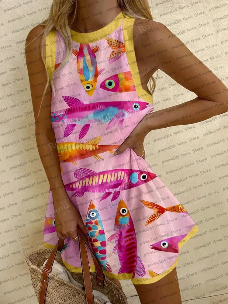 Summer Women's Sleeveless Dress Cute Sardines Fish Graphic Print New Sleeveless Vest Dress Beach Vacation Party Girl Dresses