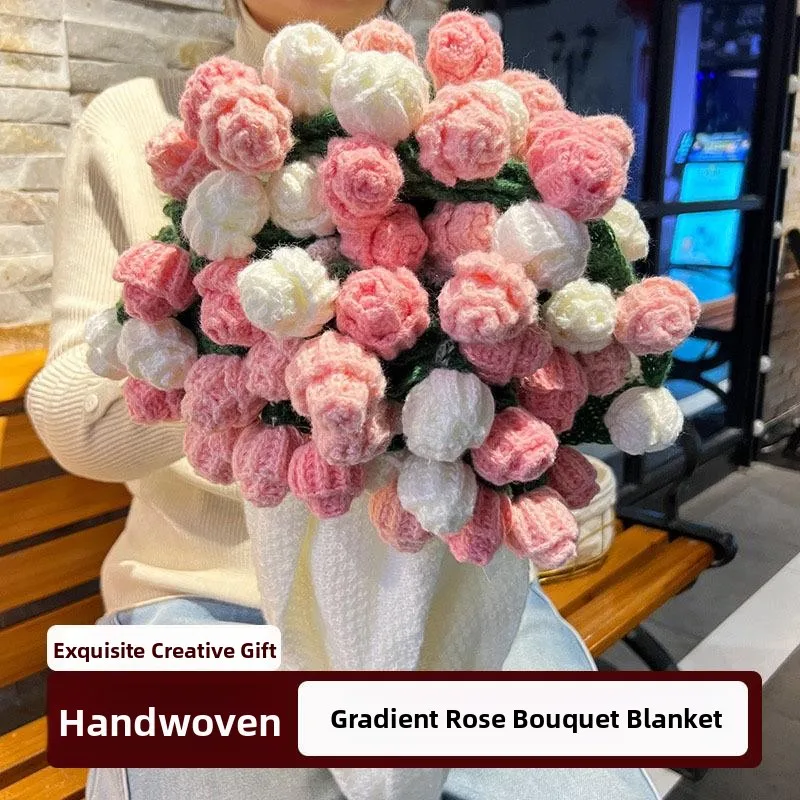 Handmade Gradient Color Woolen Blanket Creative Birthday Gift Practical Shoulder Shawl Rose Pattern Modern Simple Style Bedding