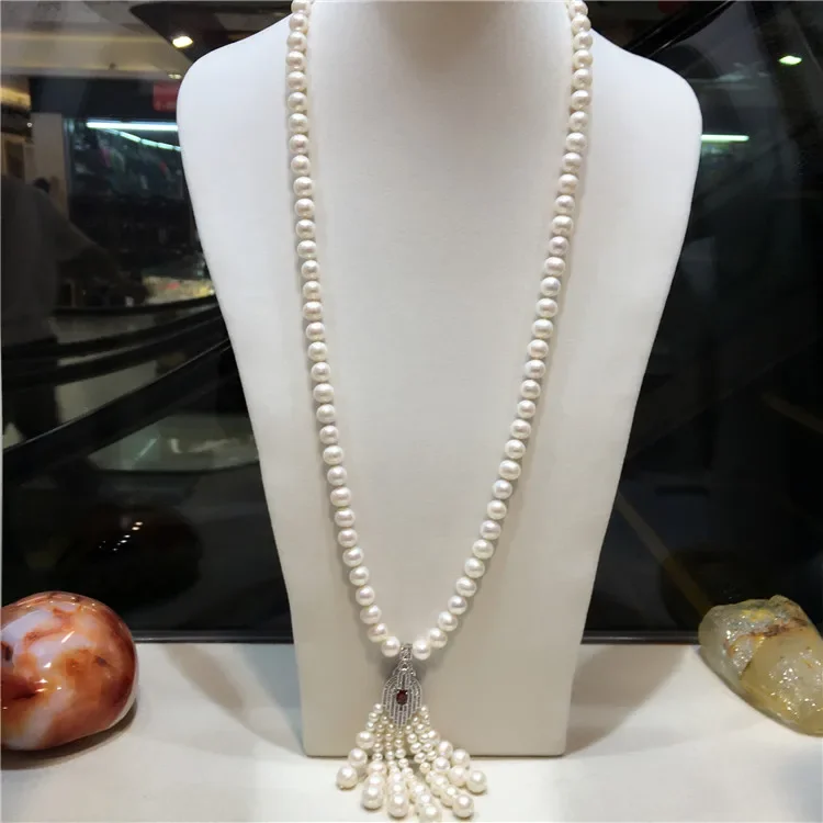 Hand knotted natural white freshwater pearl long sweater chain micro inlay zircon accessories tassel necklace