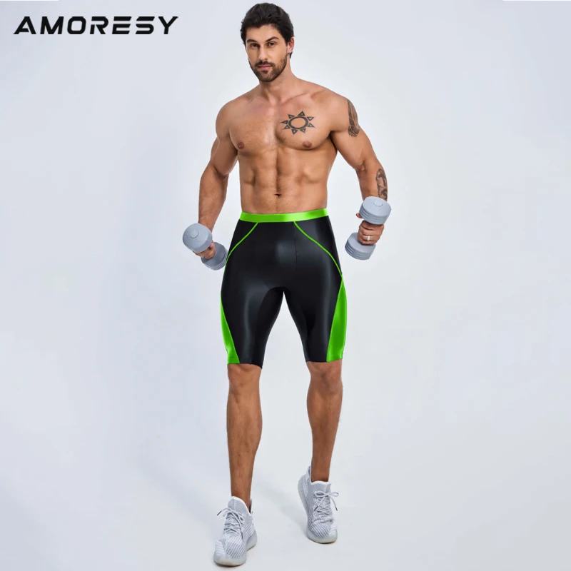 AMORESY pantaloncini da motociclista sportivi al ginocchio in raso lucido serie Pantaloni fitness per il tempo libero ciclismo wrestling pantaloni yoga lisci a cinque punti