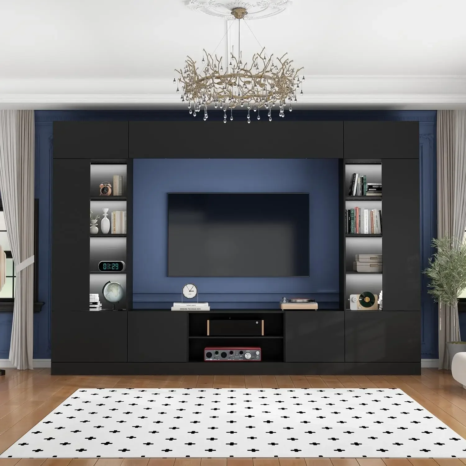 Large Entertainment Center with Bookshelves & Lights, Modern Media Center with Bridge,TV Wall Unit for Living Room Black