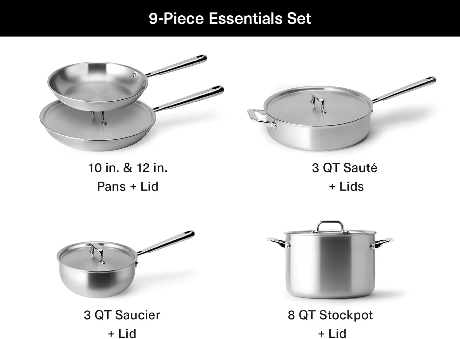 5-Ply Stainless Steel Cookware Set: 3 QT Stainless Steel Saucier with Lid 3 QT Saute Pan with Lid & 10