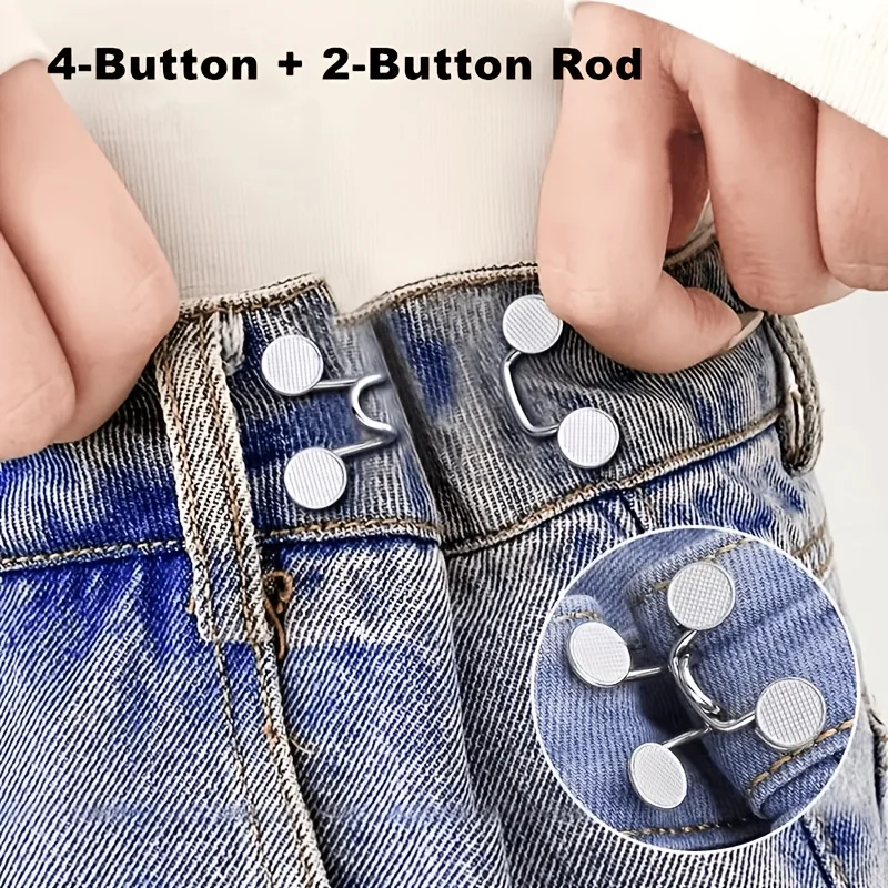 6pcs(4-Button + 2-Button Rods) Adjustable Jeans Buckle Set, Convenient and Quick Storage, Seamless Metal Belt Clip