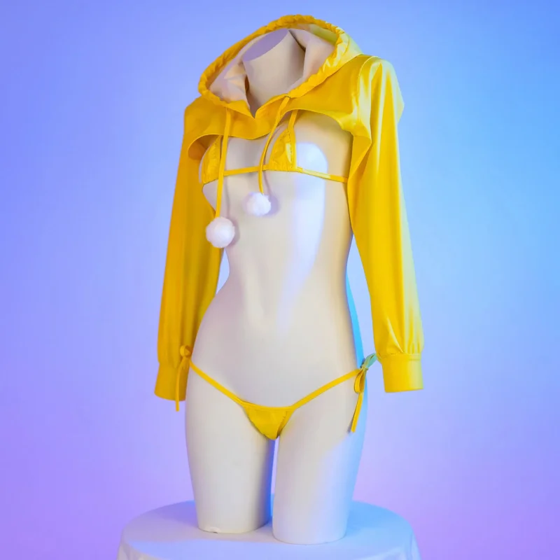 2025 New Anime Pu Leather Bikini Set Hoodie Top Cosplay Costume Sexy Japanese Girl Underwear Nightgown Role Play Student Outfits