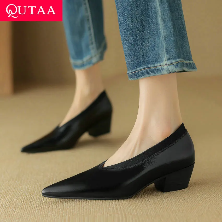 

QUTAA 2024 New Women Wedges High Heels Pumps Elegant Cow Leather Pointed Toe Summer Shoes Woman Office Pumps Size 34-42