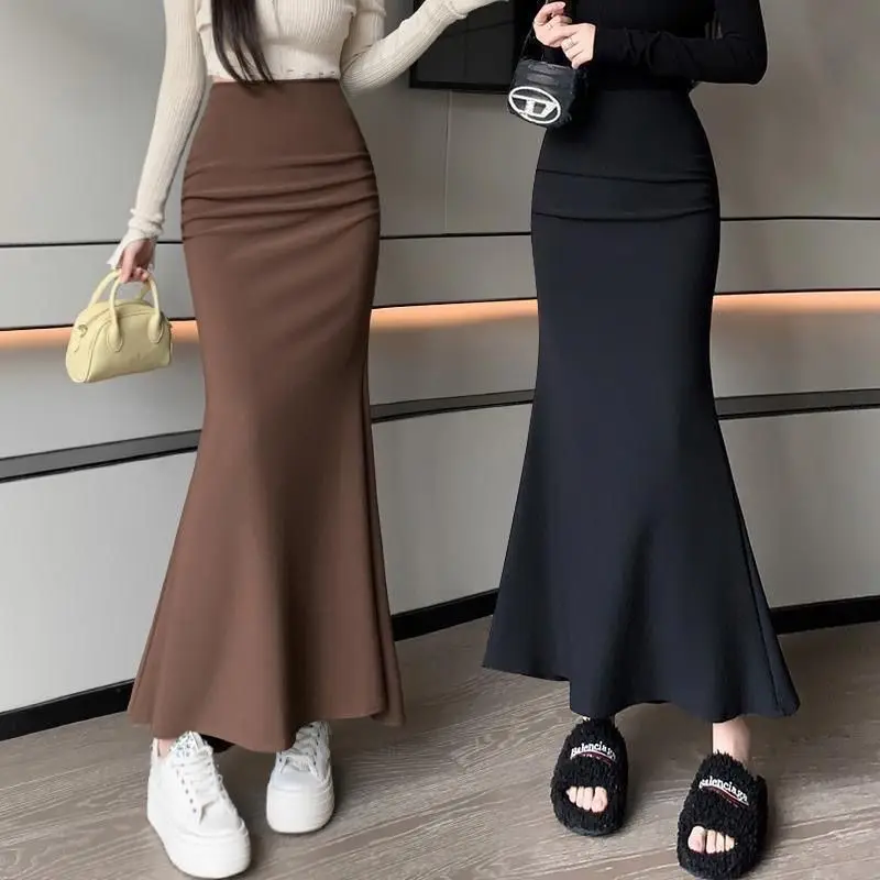 

Women's Spring and Summer New Korean Style Fashionable and Versatile Hip Skirt High Waist Slim Solid Color Fishtail Skirt