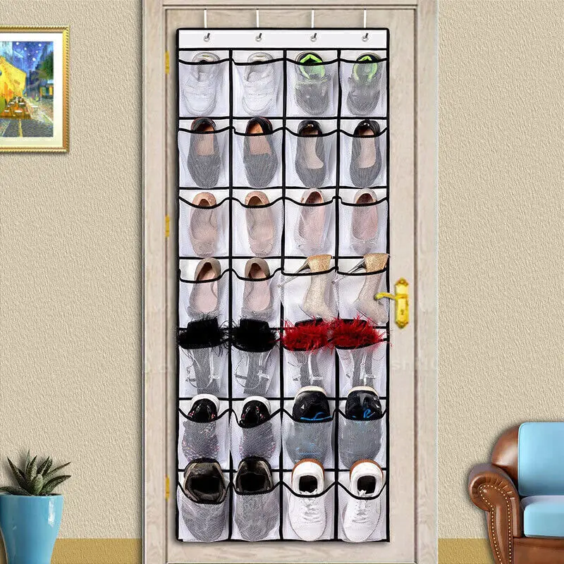 28 Pockets Shoes Organizer Rack Wall Hanging Organizers Space Saver Hanging Over The Door Behind Closet White Storage Free Nail