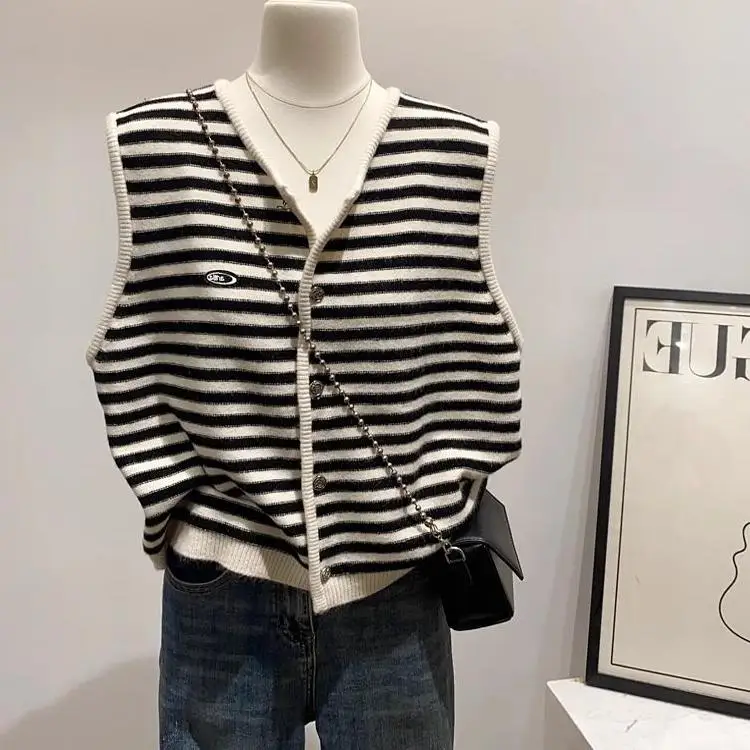 

plus Size 300 Pounds Fat MM Korean Style Simple Striped Knitted Vest Autumn Versatile Casual Open Cardigan Large Size Inner Wear