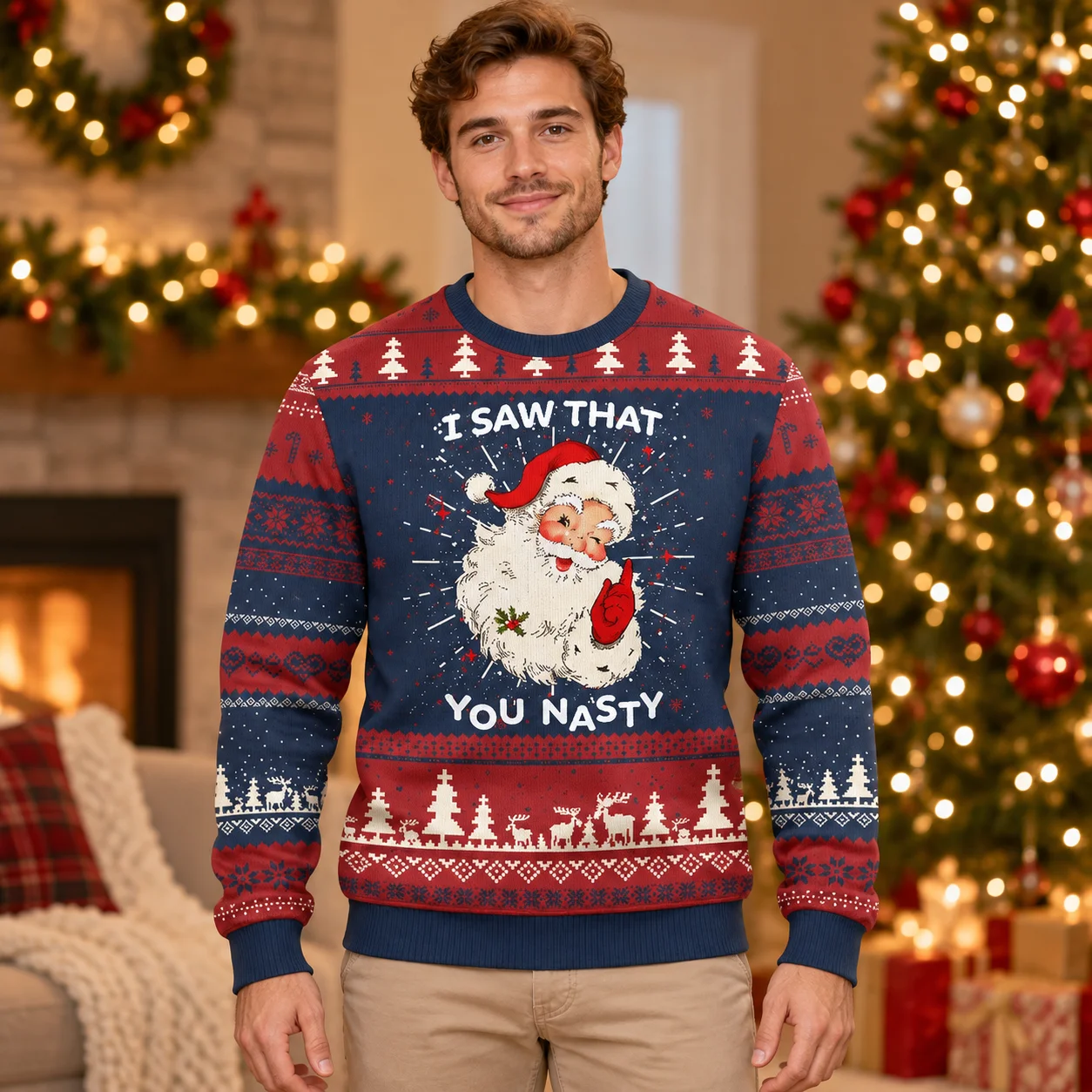 Classic Santa Holiday Graphics on an Ugly Christmas Sweater Long Sleeve Sweaters for Men Women and Christmas Celebrations