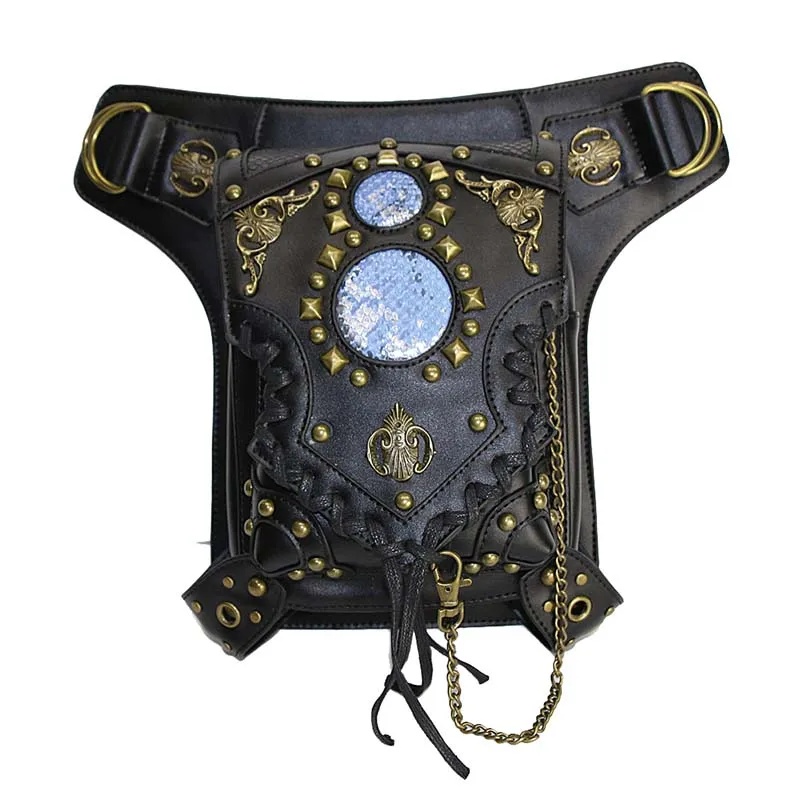 Men/ Women Gothic Rivet Black PU Leather Steampunk Utility Shoulder Bag Retro Punk Thigh Holster Waist Bags Corsets Accessories