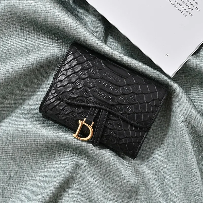 Fashionable Short Genuine Leather Wallet Crocodile Pattern Embossed Buckle Coin Purse Multi-Card Holder Document Bag