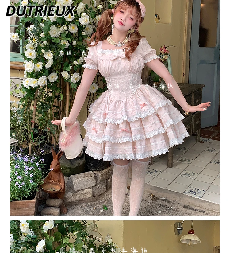 Japanese Original Sweet Girl Fresh Cute Light Pink Cake Dress Summer Puff Short Sleeve Bow Tie Waist Dresses for Women