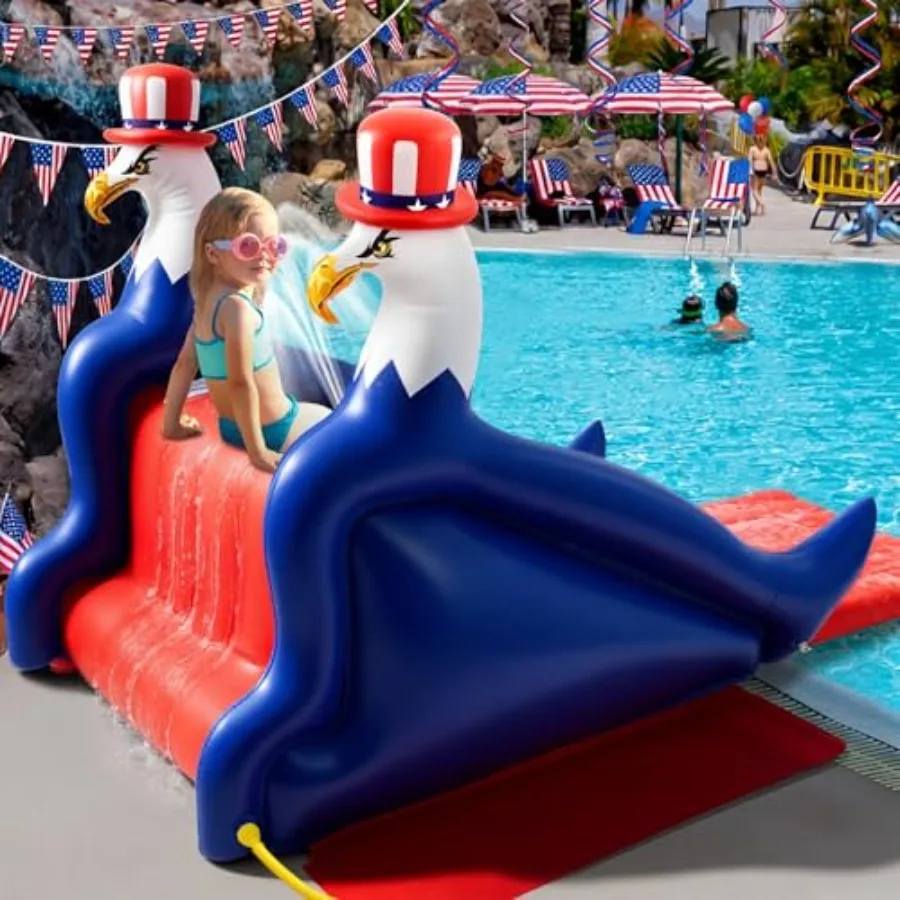98 Inch Patriotic Eagle Inflatable Pool Slide for Outdoor Water Parties Heavy-Duty Vinyl, Red White Blue Color Scheme, Extra-Wi