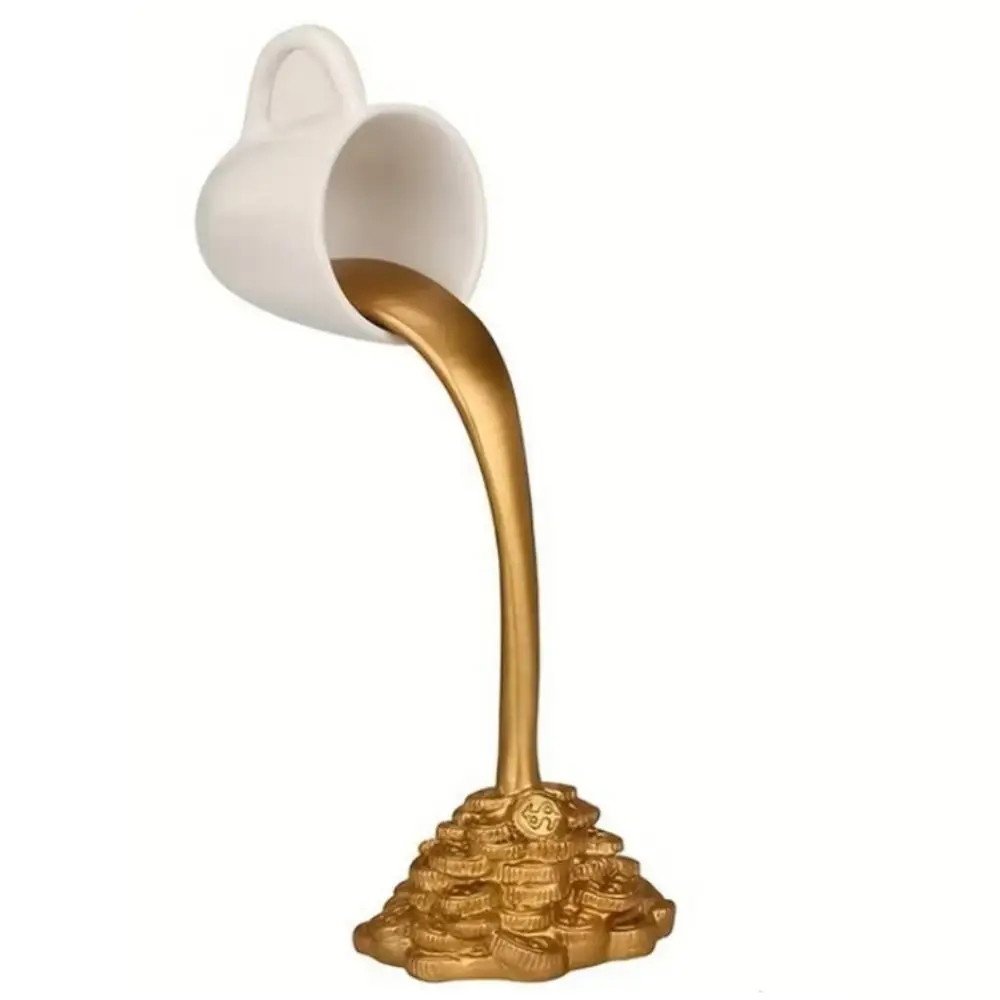 Liquid Gold Floating Mug Figure Novelty Pouring Spilling Coffee Ornaments Coin Splash Floating Coffee Cup Figurines Desktop