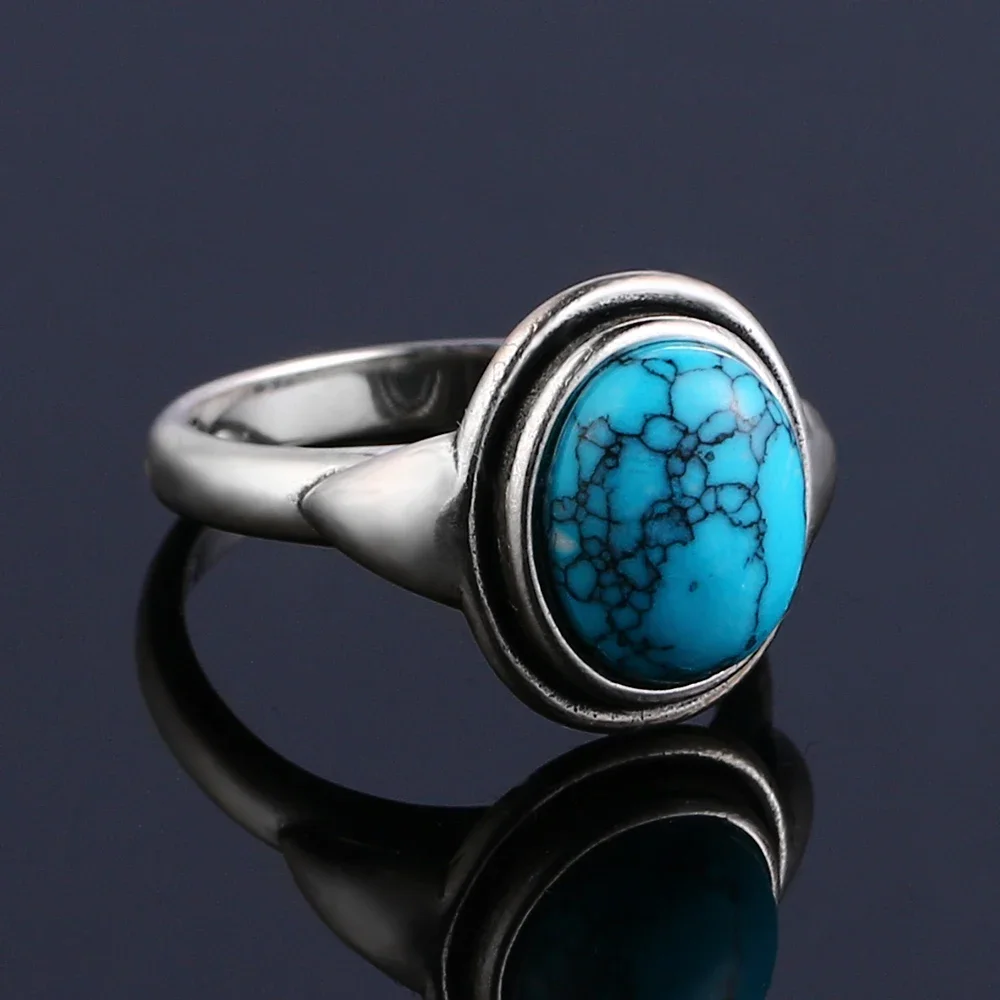 Charms 8x10MM Turquoise Woman Wedding Rings Silver Jewelry Girls Female \'s Party Anniversary Birthday Present Wholesale