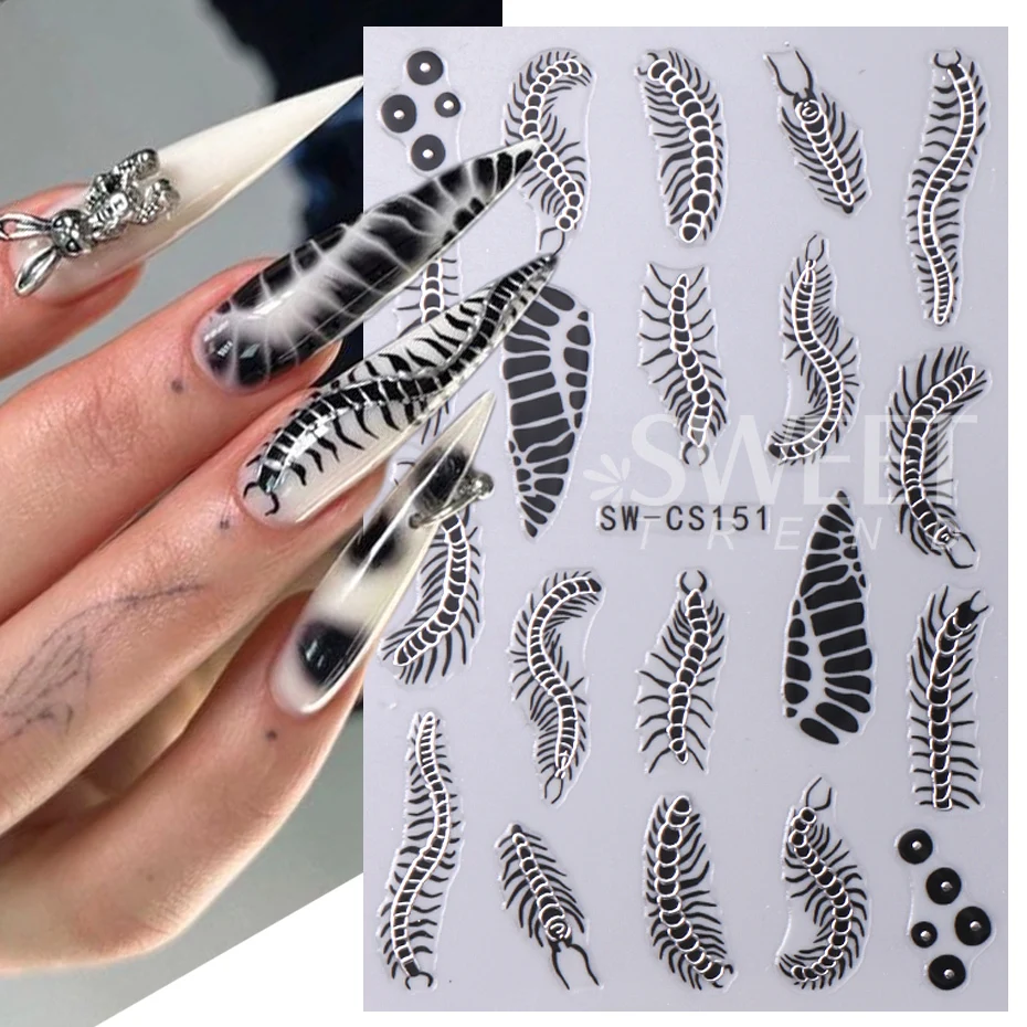 Black Silver Centipede Nail Art Stickers 3D Metallic Snake Skin Leopard Print Animal Halloween Ghost Y2K Slider Nail Decoration