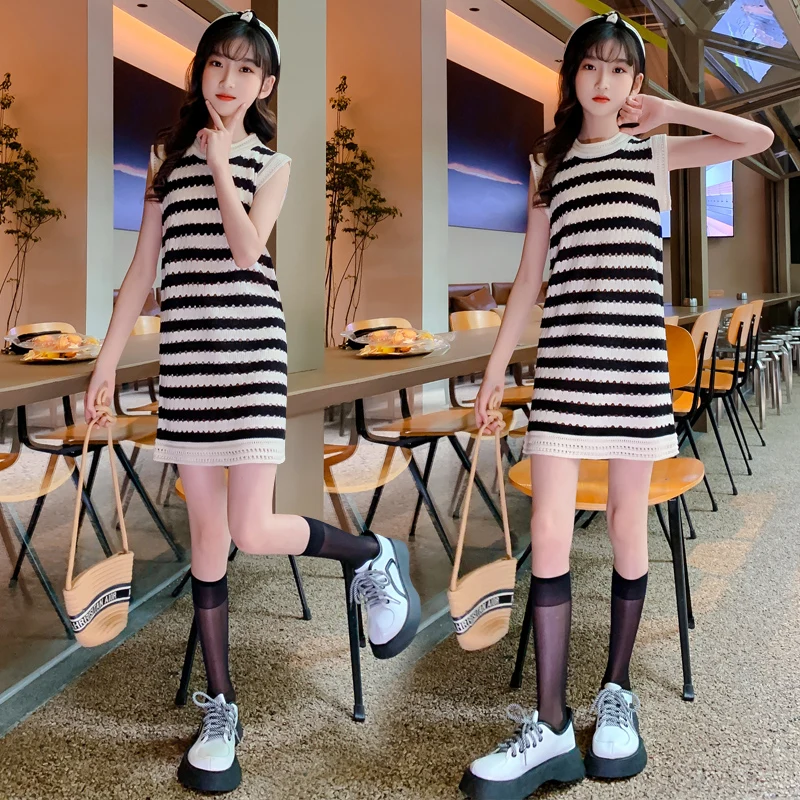 Hollow Knit Sweater Girls Sleeveless Dress Striped Luxury Design 2022 New children's Round Neck Skirt Cheap High Elasticity