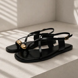 2026 Summer Flat Sandals for Woman Fashion Metal Decoration Ladies Footwear Breathable Cross Strap Casual Clip Toe Beach Shoes