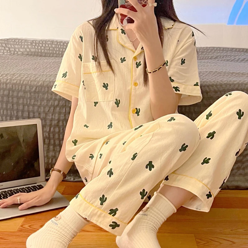 

Cartoon Pajamas Women Cardigan Short Sleeve Ladies Casual Fashion Outerwear Home Clothes Two-piece Set
