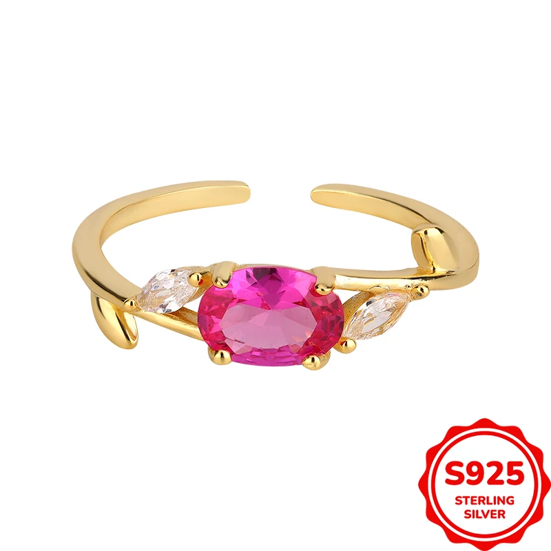 

Fashionable and Luxurious Genuine S925 Silver Four-prong Rose Pink Zircon Open Ring for Women