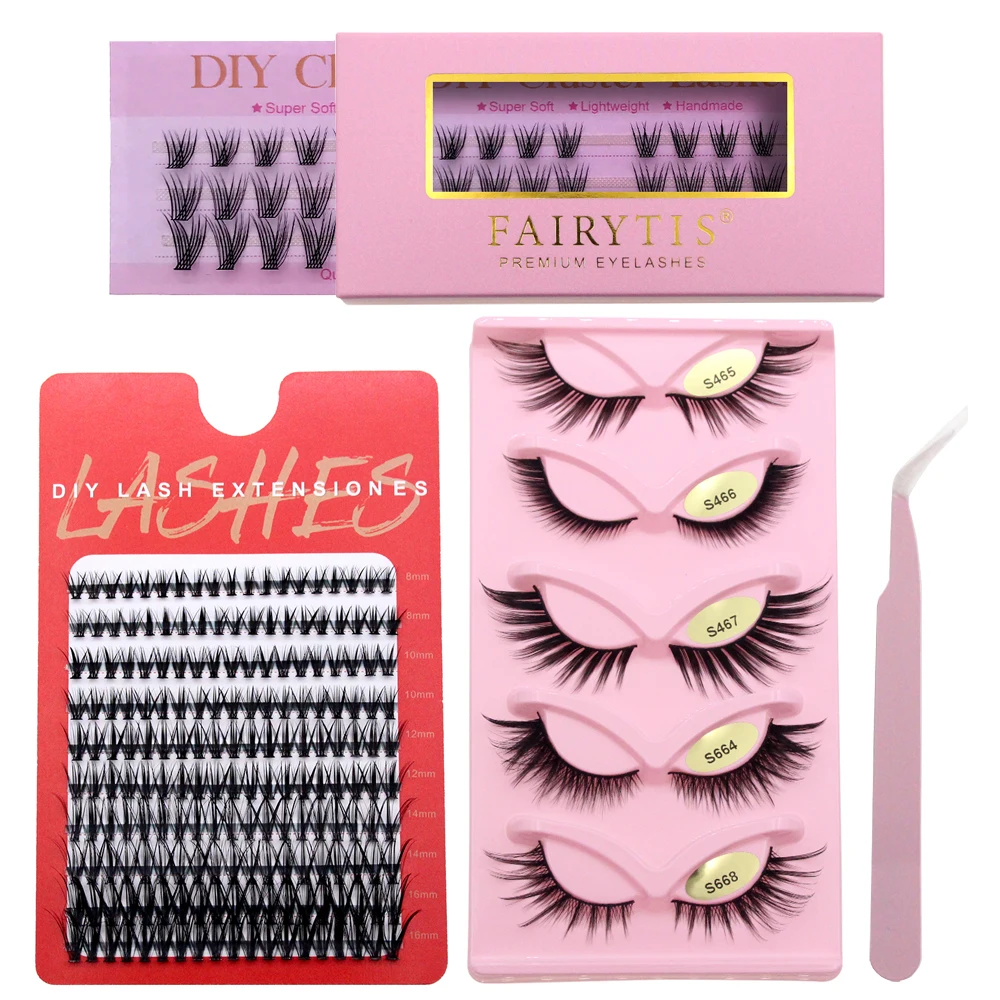 FAIRYTIS DIY Cluster Wimpern Kit C Curl Mix Länge Einzelne Wimpernverlängerung 0,07 mm 30D/40D/S2/S3 Volumen Wimpern mit Pinzette