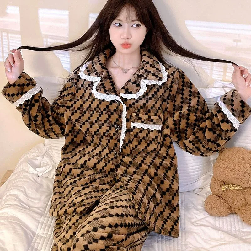 ชุดนอนสตรีฤดูใบไม้ร่วงฤดูหนาวหนาชุด Homewear แขนยาวฤดูใบไม้ผลิใหม่ Coral ขนแกะ Flannel สามารถสวมใส่นอกชุดนอน