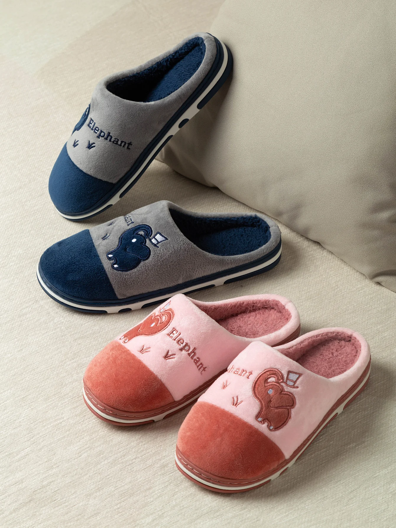 Cartoon Elephant Plush Slippers Warm Cotton Antiskid Couples House Cute Comfortable Shoes for Men Winter Autumn Half Bench Shoes