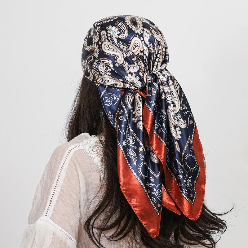 90 cm Platz Silk Schals Frauen Hijab Schals Paisley Cashew Blume Drucken Kopftuch Femme Kopf Schal Foulard Bandana Strand Pareo – Detail 13
