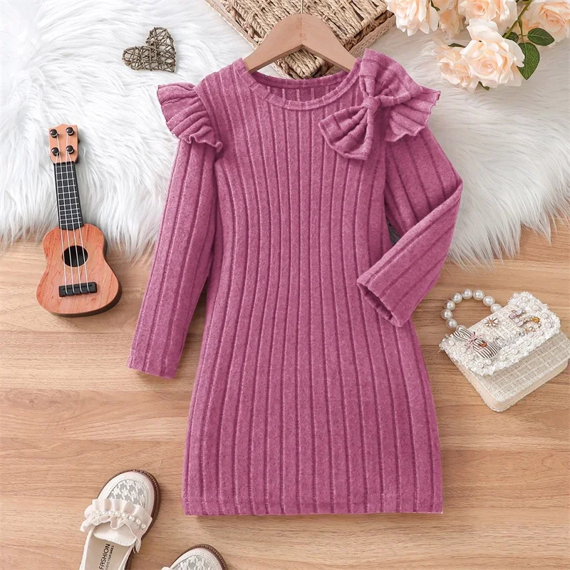 3-8Y Kids Girls Knit Dress Solid Color Bowknot Round Neck Long Sleeve Casual Dress Fall Winter Kids Princess Warm Dresses