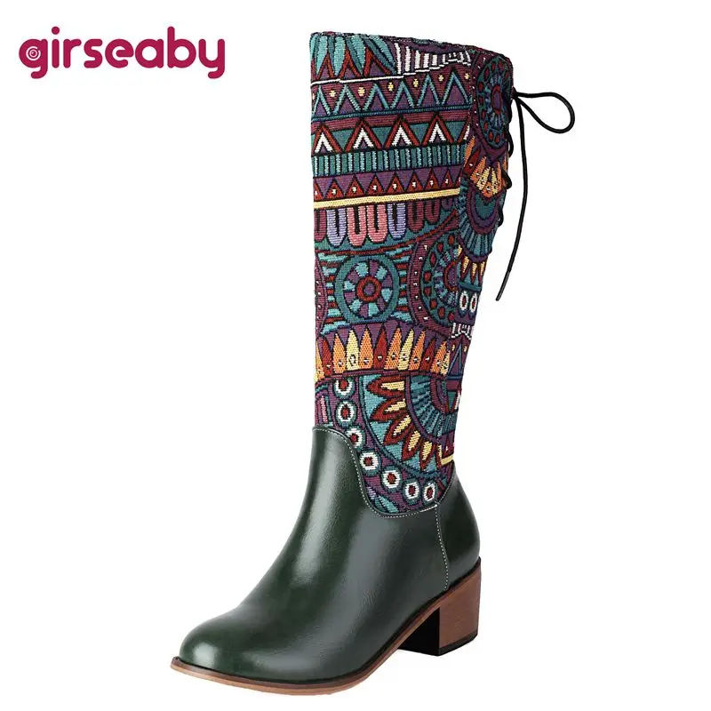 Girseaby 2024 New Design Women Knee Boots Round Toe Block Heels 4.5cm Zipper Mixed Color Print Big Size 45 46 Fashion Booties