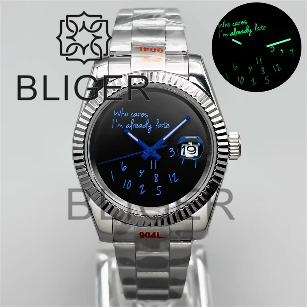 BLIGER 36mm39mm NH35 นาฬิกาผู้ชาย WHO Cares IM แล้วสายนาฬิกา Blue Text Dial สีเขียว Luminous Sapphire Glass 10bar กันน้ํา