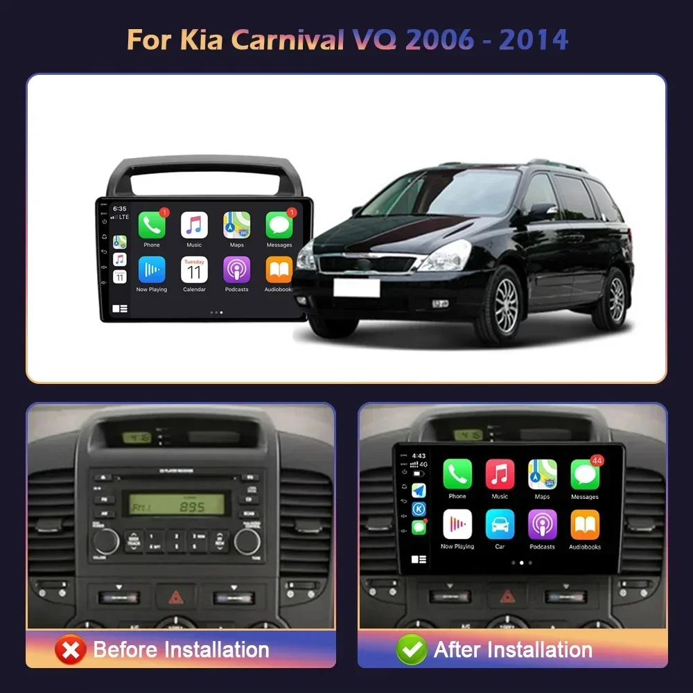 For Kia Carnival VQ 2006-2014 Android 14 Wireless Carplay Stereo Head Unit Car Radio Multimedia Navigation Screen 4G GPS 2DIN