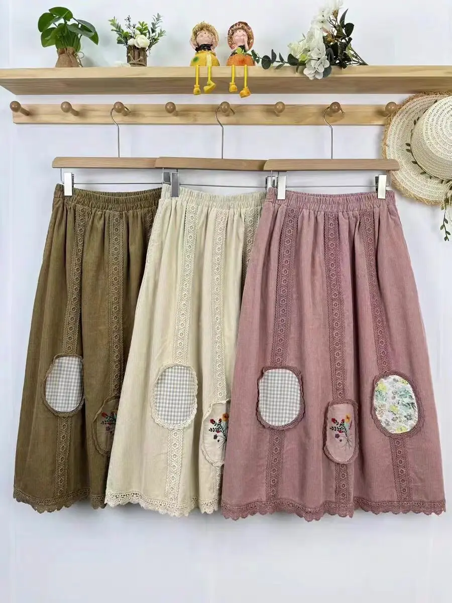 Women Spring  Japanese Style Mori Girl Elastic Waist Loose Corduroy Patchwork A-line Skirt Embroidery Cotton Linen Skirts