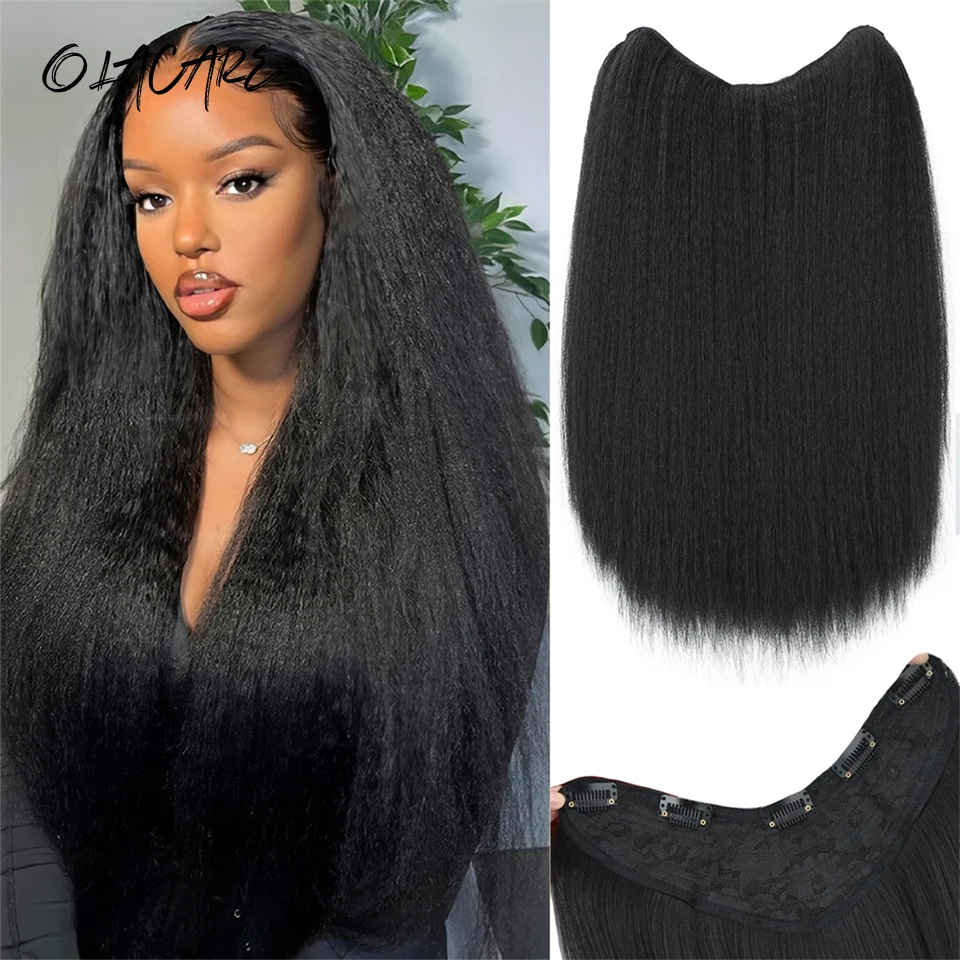 28Inch Synthetic V-shaped Layered 5 Clips Long Yaki Straight Hair Extension 1B# Fashion Invisible Hairpiece Wig for Women Kinky