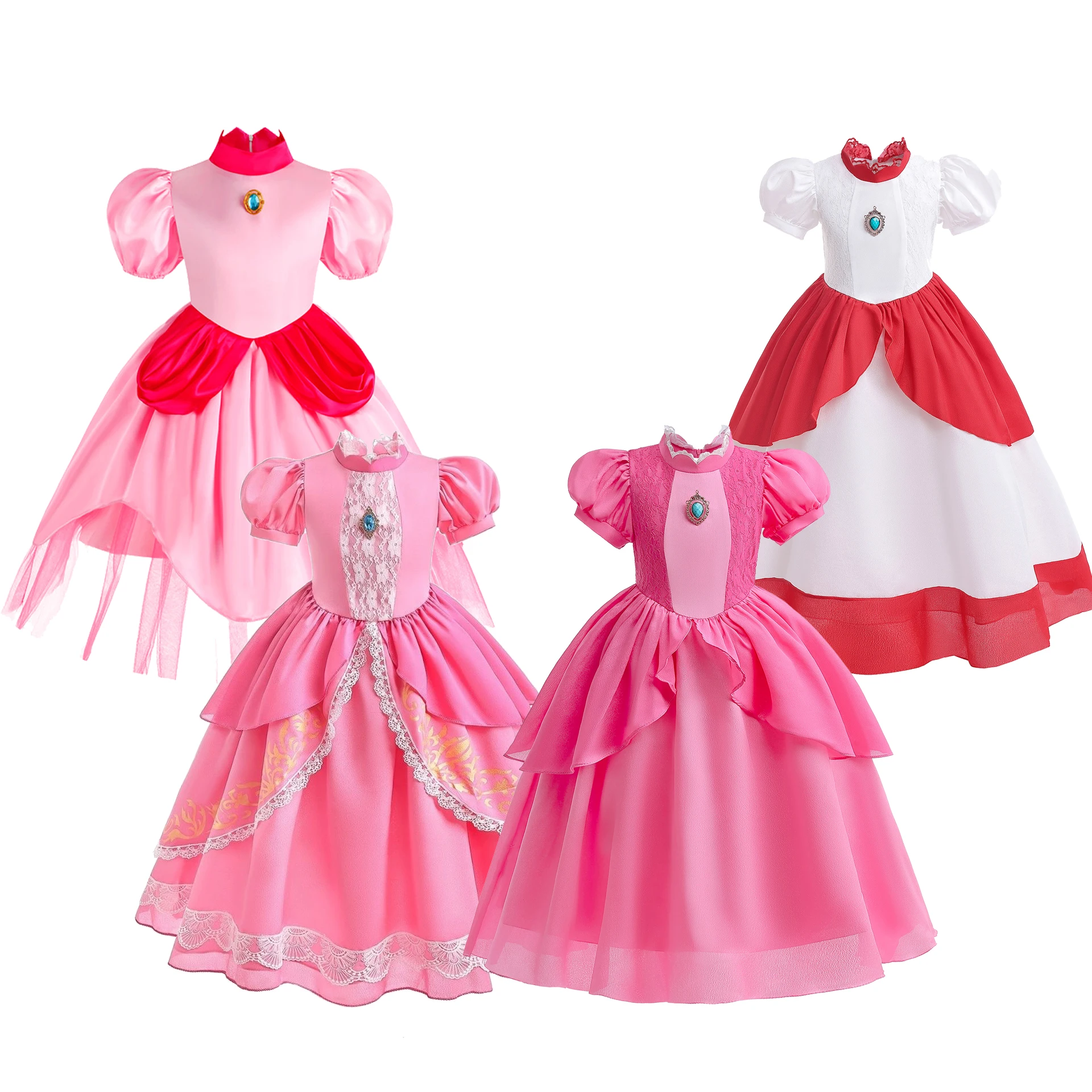 

Princess Peach Chiffon Lace Girls Cosplay Dress Baby Kids Vestidos Party Dresses Carnival Halloween Costume for 2-10years