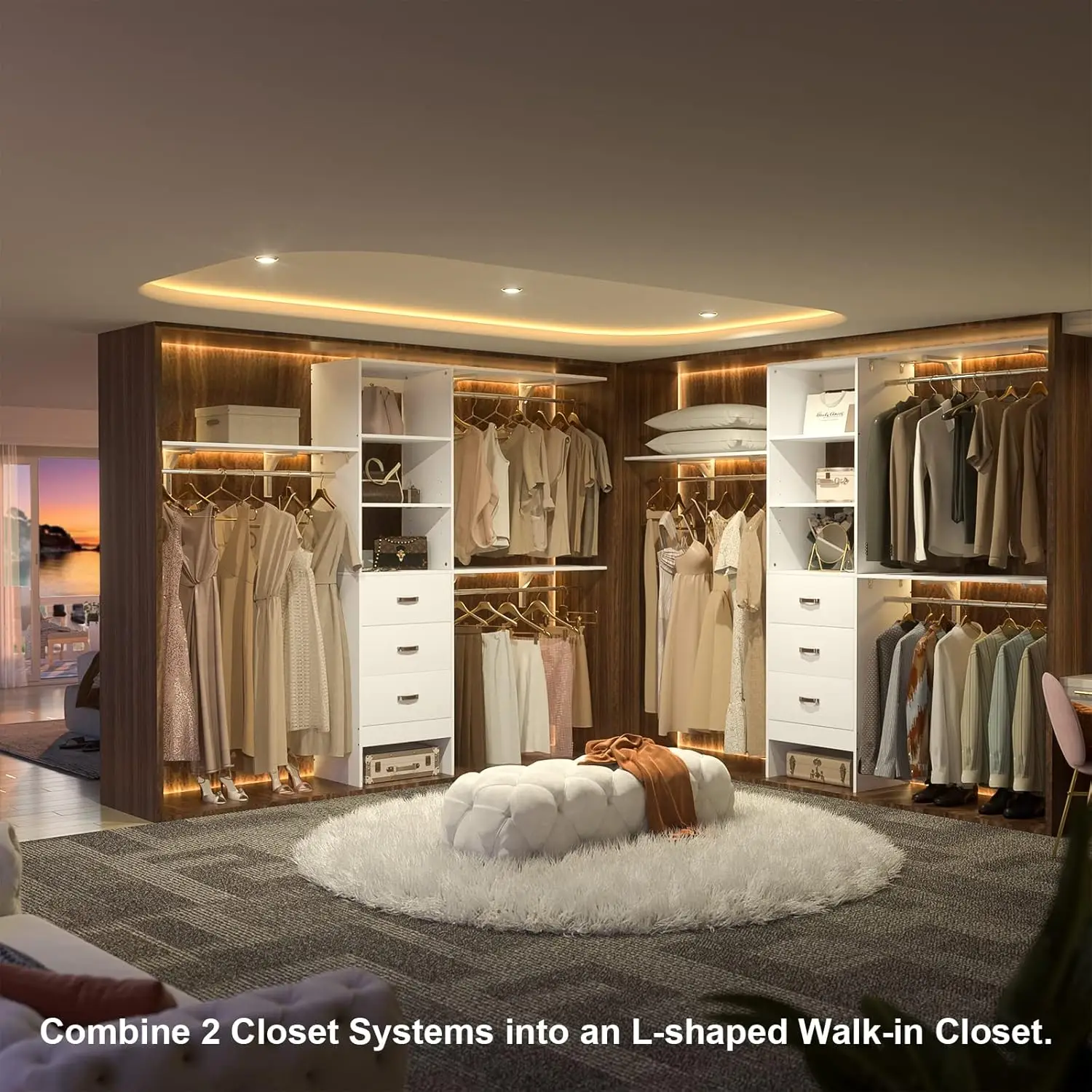 8FT Closet System, 96'' Closet Organizer System with 3 Hanging Rods, Wall Mount Bedroom Wardrobe with 3 Drawers Walk-in.