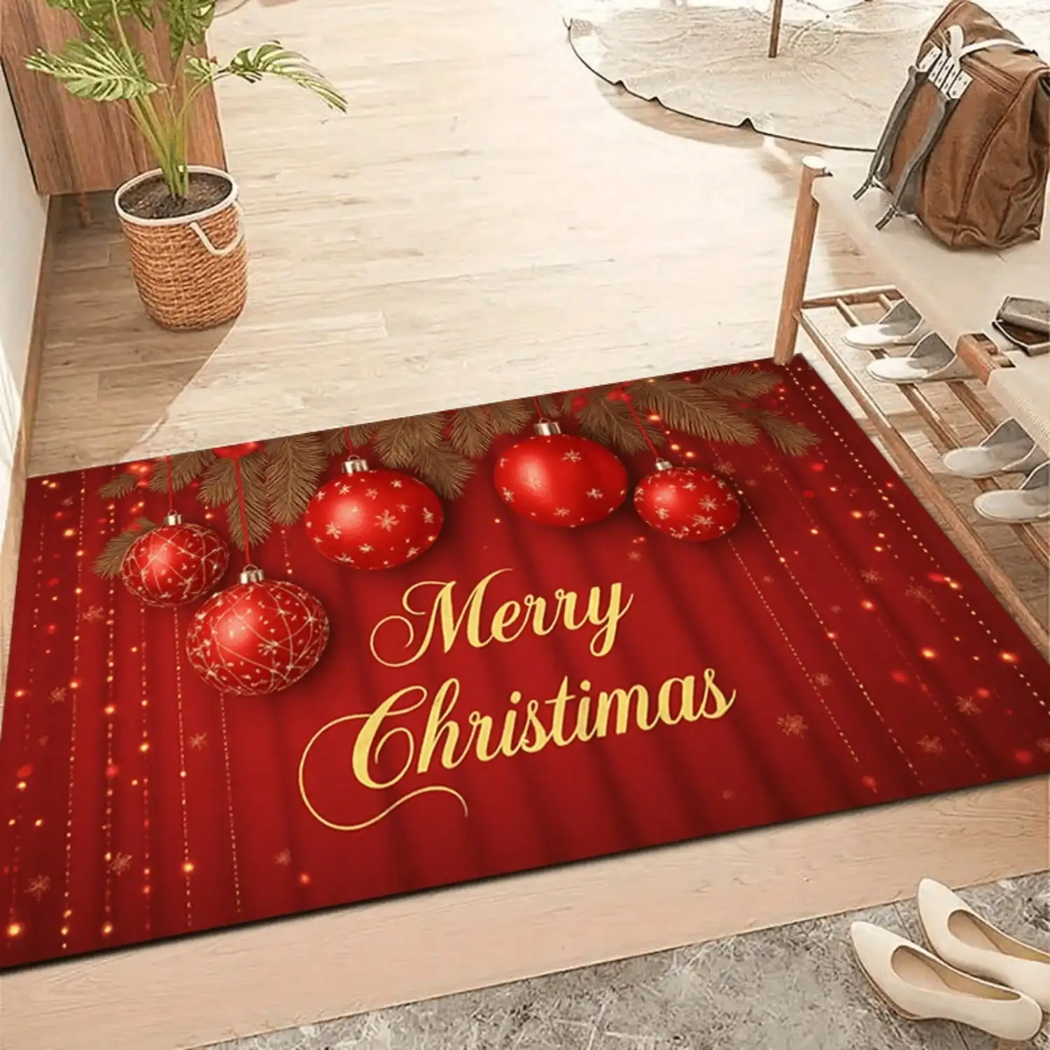 1pc Elegant Red & Golden Glitter Christmas Door Mat Mat With Golden Lettering - Soft Absorbent Anti-Slip Washable Quick-Dry Durable Mat For Entryway, Hallway