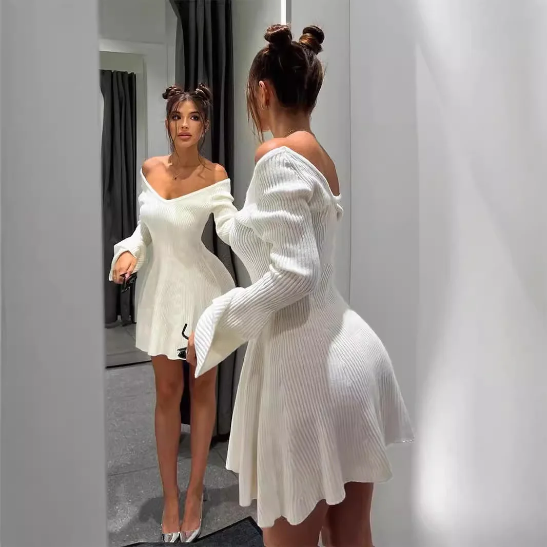 New Sexy Knit Mini Dress For Women Autumn Off-the-shoulder Long Sleeves Sheath Dress Club Elegant Bodycon Party Dresses Female